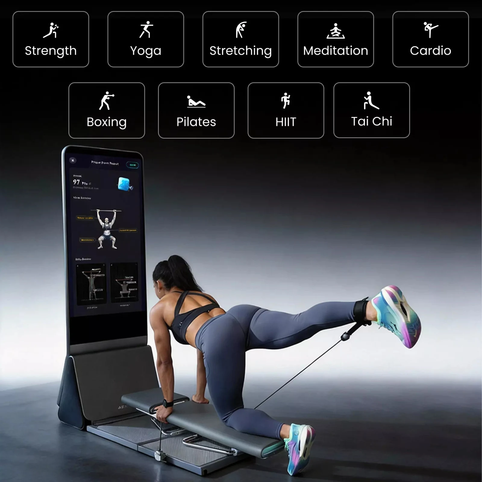 AEKE K1 treeningkategooriad: jõud, jooga, venitus, meditatsioon, kardio, poks, pilates, HIIT ja tai chi